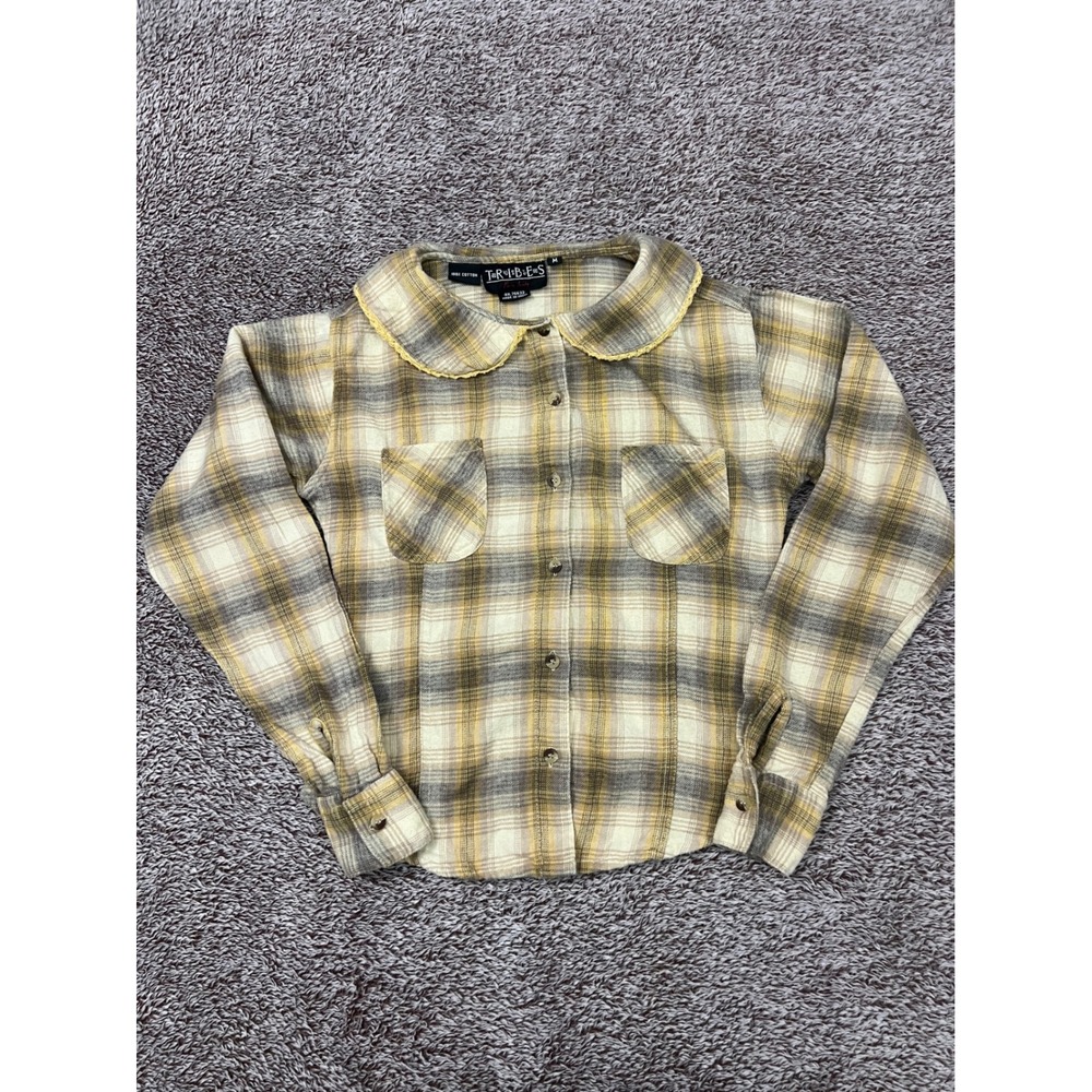 Vintage Tribes For Her Girls M Yellow Plaid Cotton Peter Pan Collar Shirt 90s